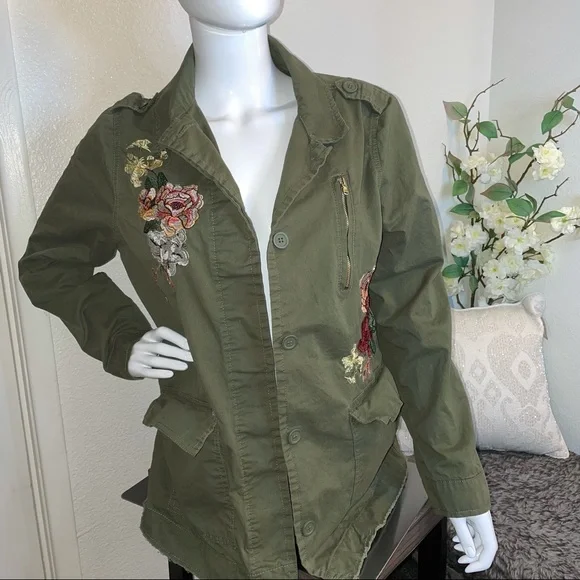 Military Green Embroidered Rose Jacket Cargo Utility Ashley by 26 International - Picture 2 of 10